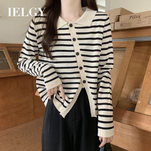 IELGY Contrast color striped long-sleeved knitted sweater for women age-reducing and slimming slanted opening irregular top