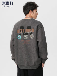 New Heavyweight Fleece Lined Mens Sweatshirt Long Sleeve Printed Casual T-Shirt Loose Fit American Style Autumn Winter Clothes