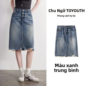 Toyouth | Chân Váy Ngắn Bán Dài Mới Mùa Hè Phong Cách Retro Chân Quần Thẳng Viền Xước Cotton Pha Màu Xanh