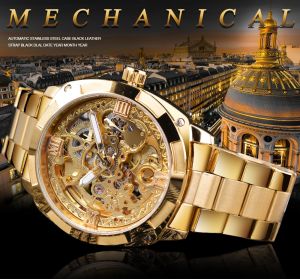 Forsining new fashion retro mens automatic mechanical watch top brand luxury complete gold design luminous pointer skeleton clock. Mens gifts