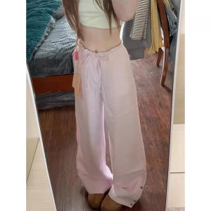 XIANGBAIWEI | Pink Stripe Wide Leg Trousers