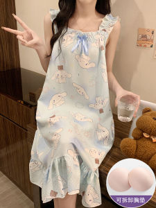 ชุดนอนผู้หญิงแขนกุดคอเหลี่ยมพิมพ์ลายสุนัขแอนิเมชั่น ผ้าฝ้ายแท้บาง หลวมๆ ฤดูร้อน 2025 ใหม่ ชุดนอนสบายๆ สไตล์หวาน