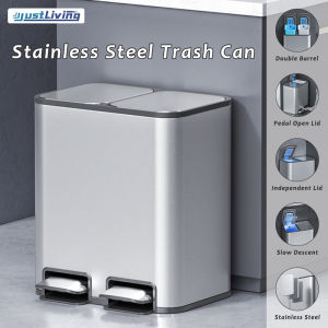 JustLiving 1PC 18/24/40/50L Kitchen Classification Trash Can Household Dry Wet Separation Stainless Steel Pedal Living Room Double Bucket with Lid Foot Pedal Large Capacity Garbage Cans