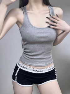 American Retro Wide-Brimmed Elastic I-Shaped Vest Womens Summer Outwear Cover Supernumerary Breast Sleeveless Versatile Basic Sling Tops