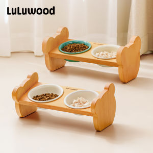 LuLuwood Pet Real Wood Elm Cat Dog Bowl Stand Double Bowl Ceramic Food Basin Cat Drinking Water Anti-Flip Neck Protection