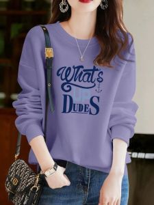 Spring Autumn Womens Pure Cotton Long Sleeve round Neck Sweatshirt Korean Style Casual Loose Slimming Lazy Style Top