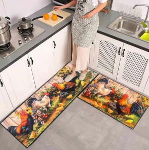 VIKAMA 1/2 pcs Rooster Kitchen Rug Home Decor Rustic Farmhouse Style Decorative Kitchen Mat Non-slip Corridor Foot Mat