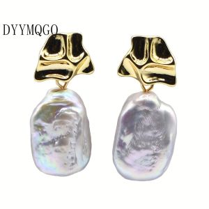 Thời trang Baroque Bông tai ngọc trai hình chữ nhật màu trắng ngọc trai nước ngọt tự nhiên Bông tai lủng lẳng trang sức theo phong cách boho