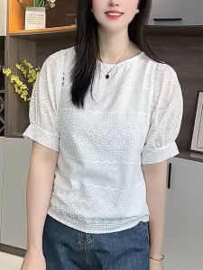 QINGNAER | Lace Hollow Design 5/8 Sleeve Lightweight Large Size Sweet Loose Shirt