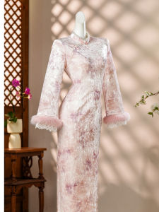 High-Quality Elegant Pink Velvet Lace Qipao Dress Winter Occasion Stylish Fitting Waist Cinching