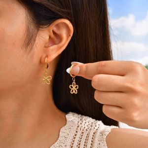 Kemstone Gold Hollow Flower Earrings Stainless Steel Lightweight Hoop for Women Jewelry
