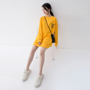 ชุดเดรสสั้นสีเหลือง ทรงหลวม แขนยาว ปกปิดหน้าท้อง ดีไซน์เก๋ไก๋ ทรงเอ กระโปรงทรงเอ ชุดเดรสสั้นสีเหลือง