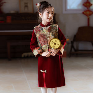 Girls Cheongsam Dress Red New Year Visit Clothes Childrens Traditional Chinese Style Winter Fashionable Rabbit Brand Long Sleeve