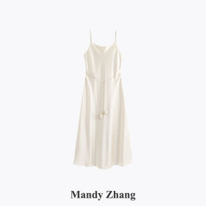 MandyZhang Pink French Style Acetate Strap Dress Womens Summer Elegance High Waist Long Skirt No Sleeve H Version Solid Color