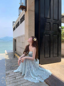 French style Holiday Style Jacquard White Sling Dress Women Summer Seaside Backless Temperament Waist Hugging Slimming Long Skirt