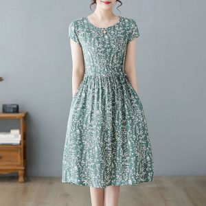Midi Cotton Silk Dress Summer Short Sleeve Artificial Cotton Beach Skirt Floral High Waist Knee-Length Collar Pin Accessory