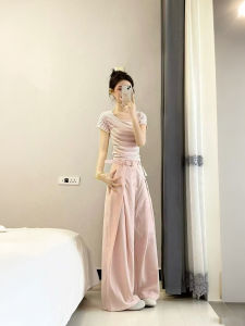 XUECAIQI | Matched Set Korean Style Pink Striped Short Sleeve Top and Wide Leg Pants
