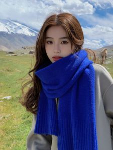New Arrival Klein Blue Scarf Female Winter Korean Style Ins Heattech All-Matching Thickened Wool Knitting Pure Color Scarf Tide
