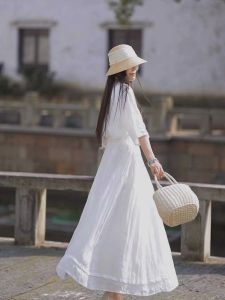 Elegant Fairy Half Skirt Cheongsam Inner Wear White Summer A-Line Slim Long Skirt Casual Style Gathered Hem mid Waist Design