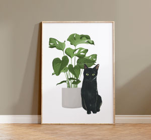 Watercolor Kittens Print Cat and Plant Poster Wall Art Leisurely Cute Kitty Canvas Painting Living Room Bedroom Home Decor
