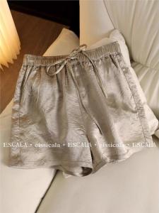 กางเกงขาสั้นทรงเอเอวสูงผ้าไหมน้ำแข็งอะซิเตทสำหรับผู้หญิง กางเกงขายาวทรงหลวมเอวสูงทรงหลวมสำหรับฤดูร้อนปี 2025 กางเกงขายาวทรงหลวมสำหรับผู้หญิง