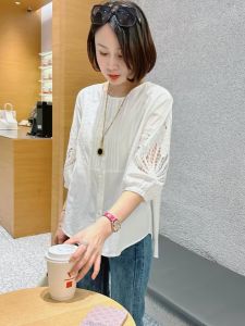 High-end Lace-stitched Loose Fitting Five-sleeve White Shirt