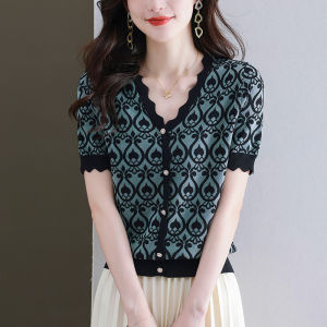 plus Size Summer Ice Silk Knitted T-Shirt Women Loose V-Neck Short Sleeve Comfortable Slimming Effect Korean Style Top