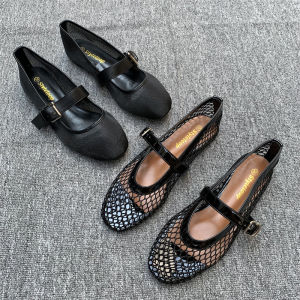 รองเท้าส้นแบนแบบสวมสำหรับผู้หญิง แฟชั่นฤดูใบไม้ร่วง/ฤดูร้อน แบบมีหัวเข็มขัด ดีไซน์เปิดหน้าเท้า พื้นยาง กันลื่น ทรง Mary Janes