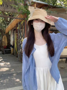 DUOFEIYAN | Summer Light Blue Stripe Cotton Linen Long Sleeve Womens Shirt