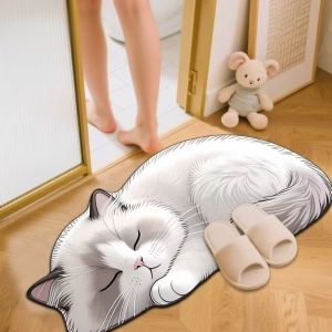 VIKAMA 3D Sleeping Orange Cat Shaped Bath Mat Cute Animal Flannel Non Slip Water Absorbent Indoor Entrance Floor Rug Decor