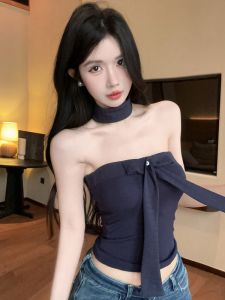 GUZILIAN | Pure Blue Butterfly Knot Tube Top Vest Womens Summer Slimming Short Style Beautiful Back Thai Style Top Korean Style Commute