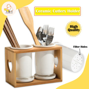 ABS Ceramic Utensil Spoon Fork Holder Kitchen Drain Rack Cutlery Organizer Tableware Bamboo Wooden Seramik Bekas Sudu Garfu Penyepit Hiasan Meja Makan