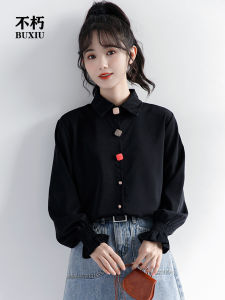 เสื้อเชิ้ตแขนยาวหลวมๆ สไตล์ฮ่องกงย้อนยุค 2025 สำหรับผู้หญิง ดีไซน์เสื้อเชิ้ตแขนยาวสีสันสดใส กระดุมสีสันสดใส แขนกระดิ่ง ลำลอง