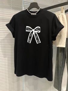 Áo Thun Cotton Tay Ngắn Màu Đen Cho Nữ Mùa Hè 2024 Phong Cách Hàn Quốc Cổ Tròn Thiết Kế Rộng Rãi Có Nơ Bướm Thời Trang