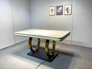 Bàn ăn double Q bọc da LACASA chân mạ PVD. Nhập khẩu cao cấp hiện đại căn hộ chung cư nhà phố