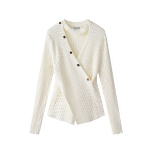 XinmonLee Sweet And Spicy High-End Knitted V-neck Sweater Autumn Winter French Style Cross Waist Slimming Neck Hanging Sweater