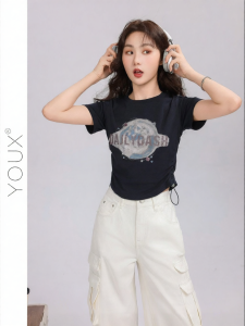 YOUXIANG | Áo Thun Tay Ngắn Phối Nếp Slim Fit