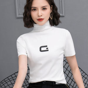 Autumn 2025 Womens Slim Fit Cotton T-Shirt Half High Collar Short Sleeve Versatile Base Layer Shirt Comfortable Breathable