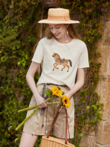 XIANGYING | Bohemian Style Horse Print White T-Shirt