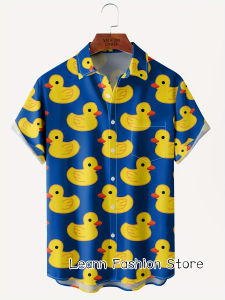 Men Summer Cute Cartoon Yellow Ducks Print Shirt Hawaiian Vacation Clothing Male Button Lapel Collar Fashion Beach