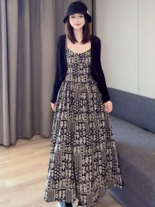 Elegant Floral Print Ice Silk Midi Dress Womens Summer New Style Two-Piece Set High Waist Long Sleeve Sun Protection Dress