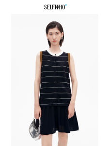 Vintage Contrast Striped Sleeveless Dress Slim Fit