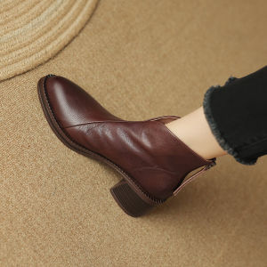 British Style Short Boots Womens mid Heel Top Layer Cowhide Martin Boots Autumn Winter Leather Boots Fashionable Thick Heel