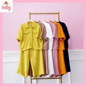 INBY FASHION | Setelan Baju polos bahan cringkel lengan pendek