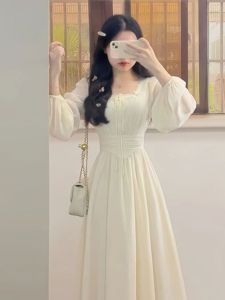 Elegant French Style Long Sleeve Chiffon Dress Slimming Waist Simple Beautiful Autumn Fashion Womens Dress Casual Travel Date