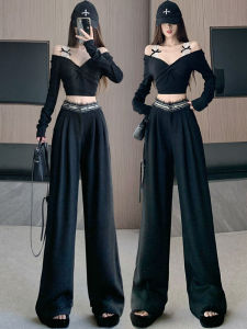 High Waist Wide Leg Pants Womens Autumn Design Sense Iron Diamond Frayed Floor Length Drapey Straight Tube Pants