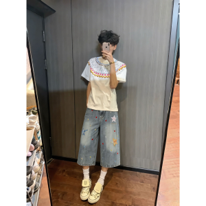 OUMULONG | Blue Star Print Wide Leg Jeans Capri Pants