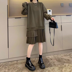 Váy Xếp Ly Thời Trang Cho Nữ Dáng Rộng Cỡ Lớn Mùa Thu 2025 Phong Cách Mới Váy Midi Cổ Tròn Dài Tay Dáng Chữ a