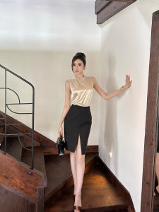 High Waist Splice Asymmetrical Hemline SX Black Polyester Blend Business Casual Skirt Korean Style Mid-Length A-Line Skirt