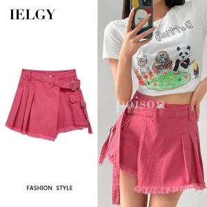 IELGY Irregular high-waisted denim culottes womens fashionable thin niche frayed shorts